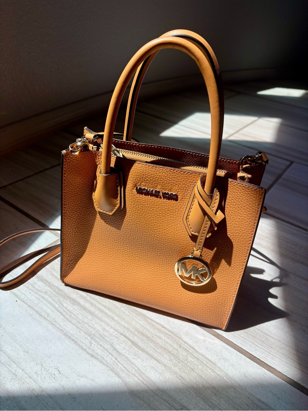 Michael Kors Light Mustard Tan Pebbled Leather Purse with MK Charm